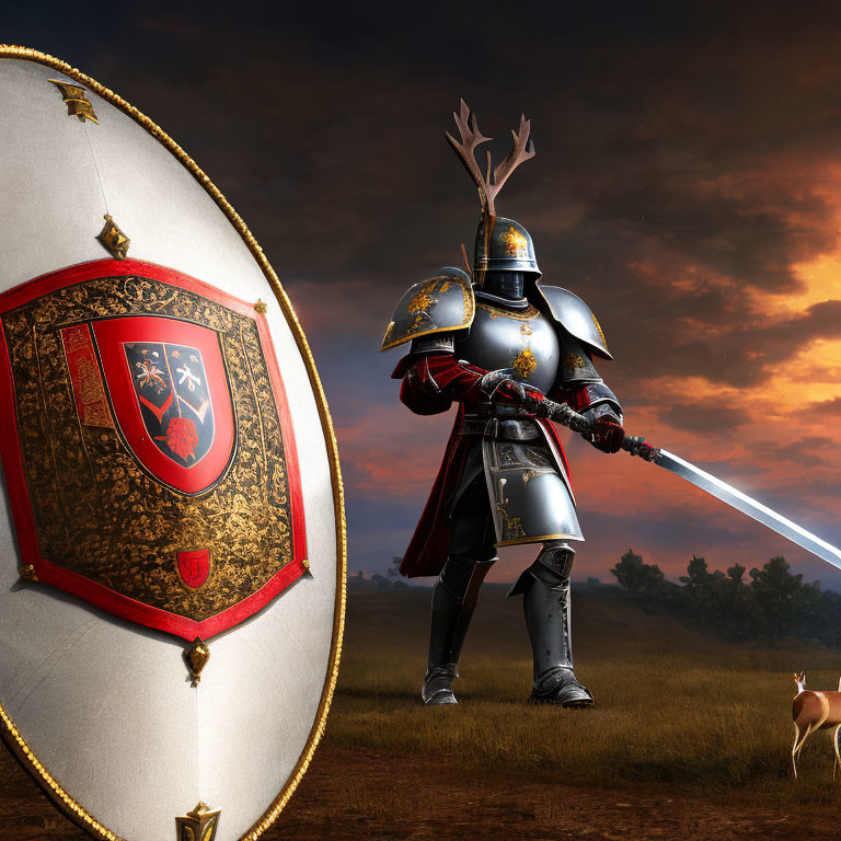 Medieval knight with sword and shield under dramatic sunset sky next to a deer