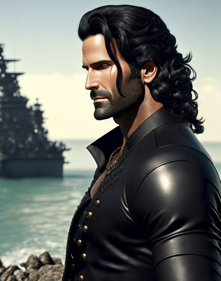 Male character with long black hair and beard in detailed jacket by the sea with ships.