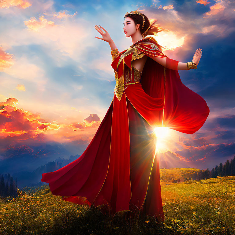 Woman in red dress with golden embroidery poses in field at sunset