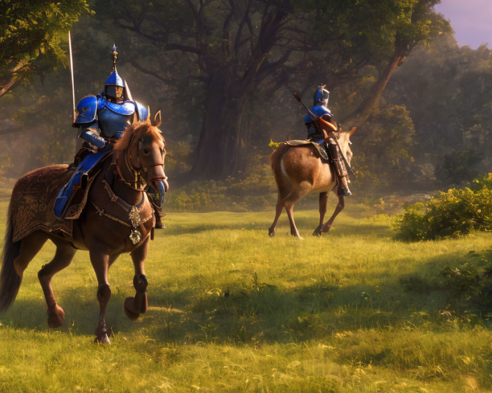 Two knights in blue armor on horses in sunlit forest clearing