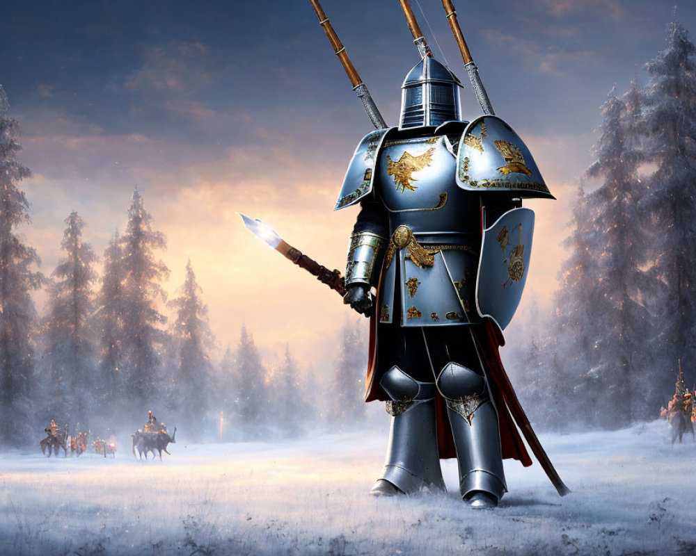 Knight in Ornate Armor with Lance in Wintry Forest Scene