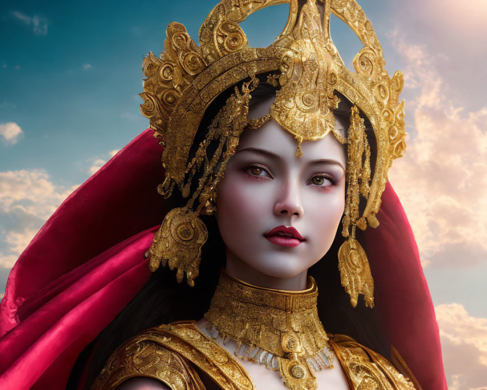 Elaborate gold headgear portrait of woman in traditional attire