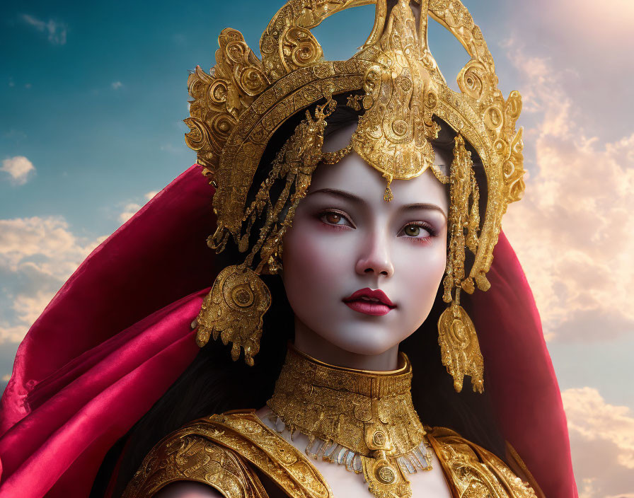 Elaborate gold headgear portrait of woman in traditional attire