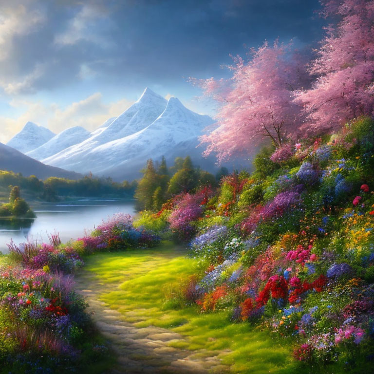 Colorful Flower-Lined Path to Serene Lake with Snow-Capped Mountains