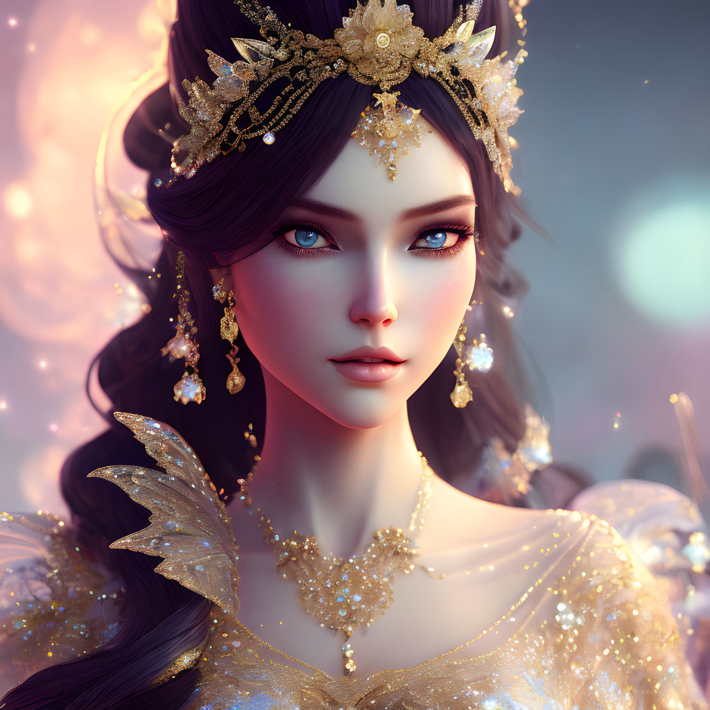 Fantasy character with deep blue eyes in golden attire