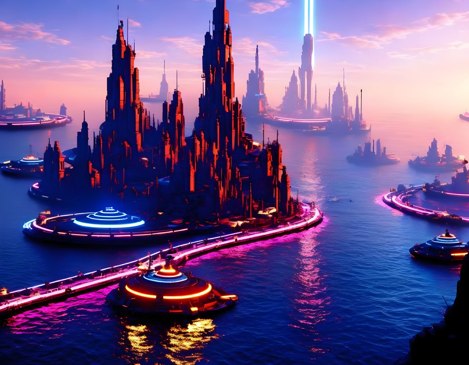 Futuristic cityscape at dusk with neon lights, skyscrapers, and flying vehicles