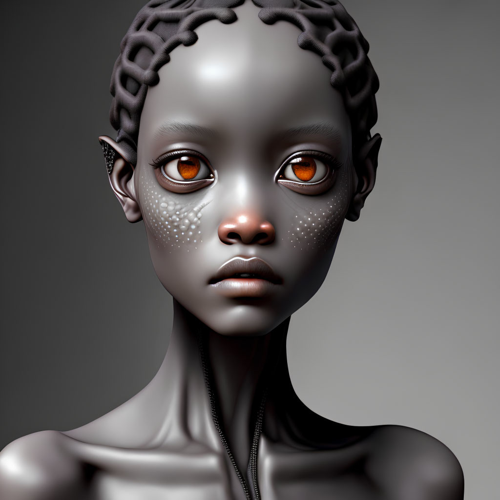 Digital artwork: Humanoid figure with braided hair and orange eyes on grey background