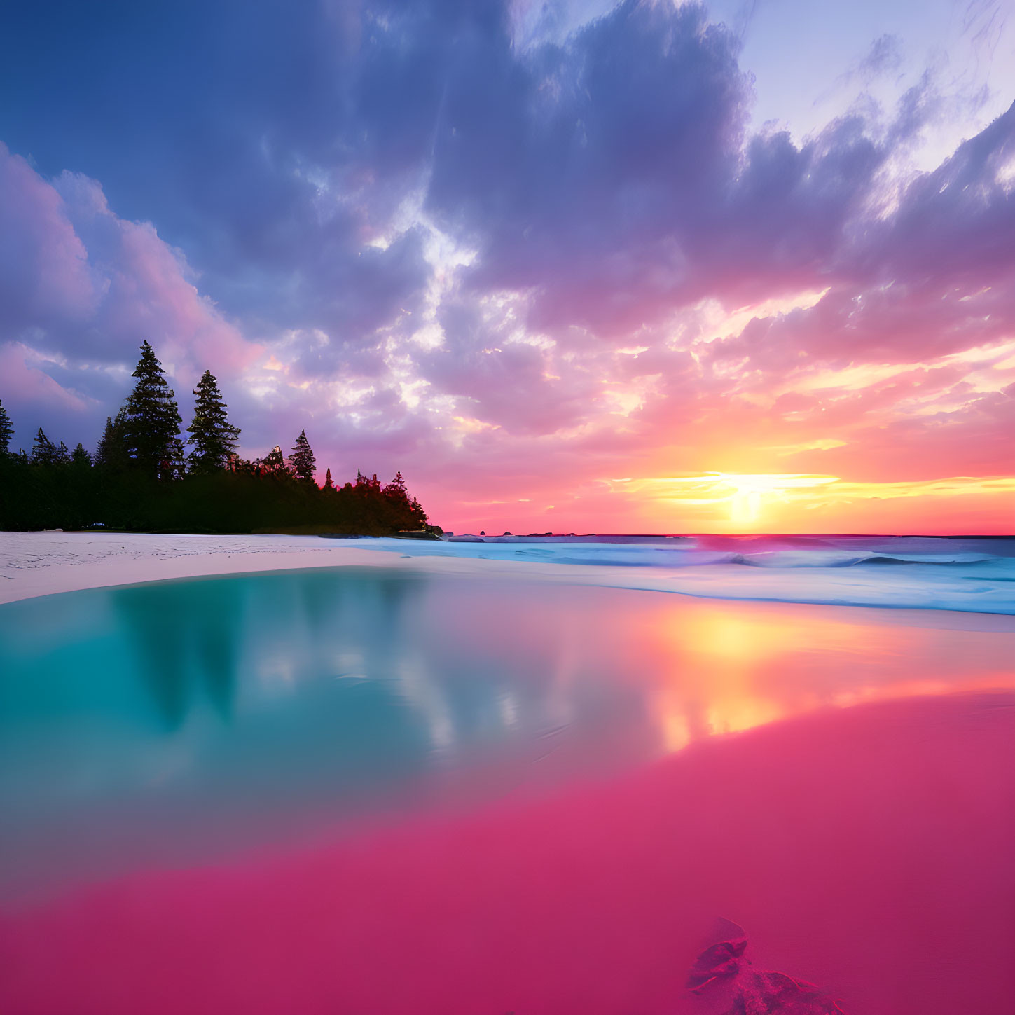 Scenic Beach Sunset with Pink and Blue Hues Reflecting in Water