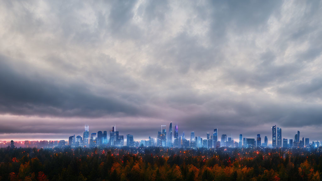 City skyline at dusk with autumn trees and dramatic cloudy sky