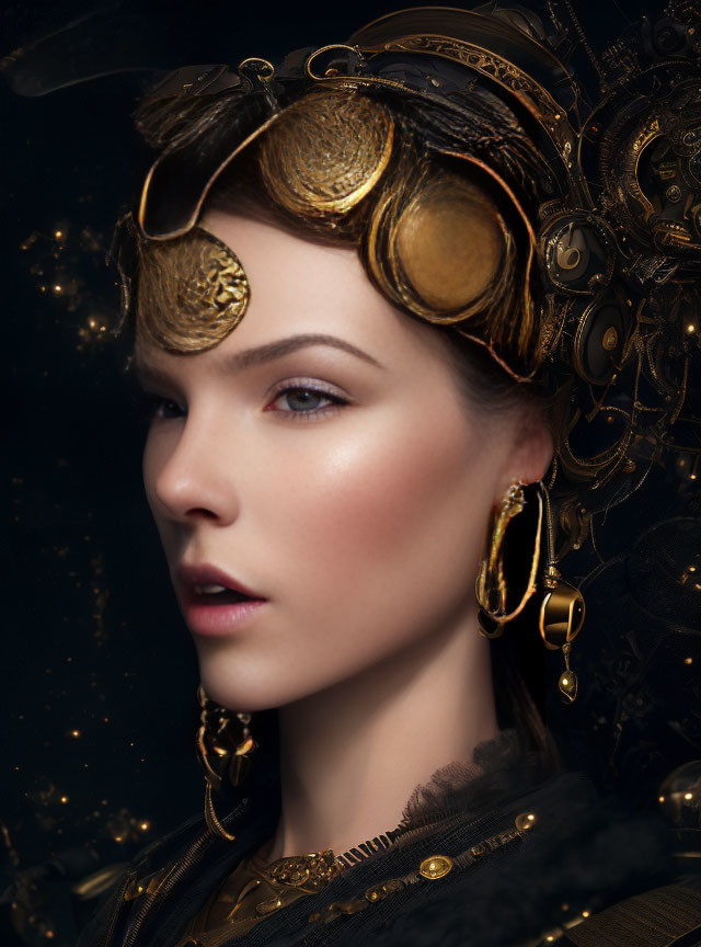 Fair-skinned woman in steampunk headpiece with gold gears