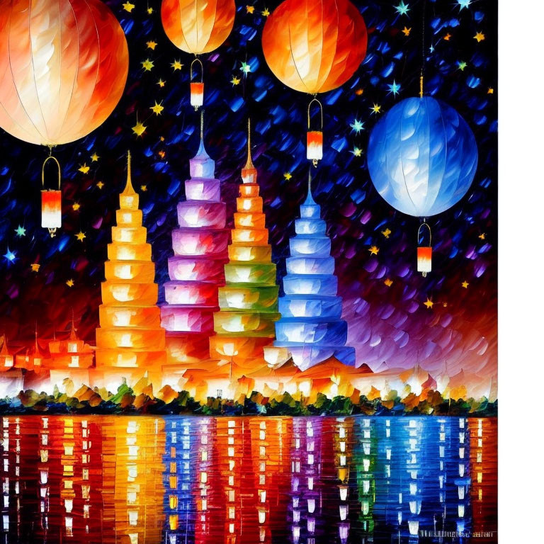 Vibrant Pagodas and Lanterns Painting in Bright Impressionistic Style