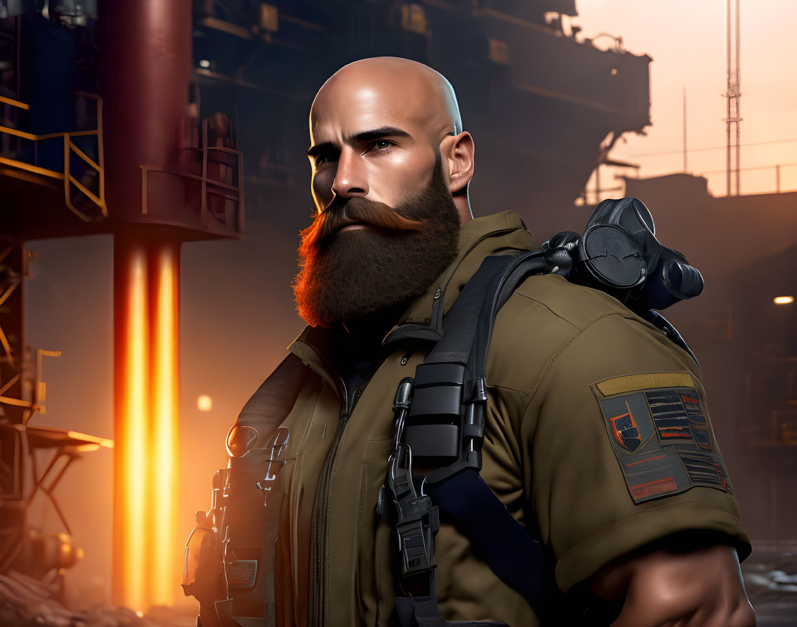 Bald Man with Full Beard in Tactical Gear in Industrial Setting