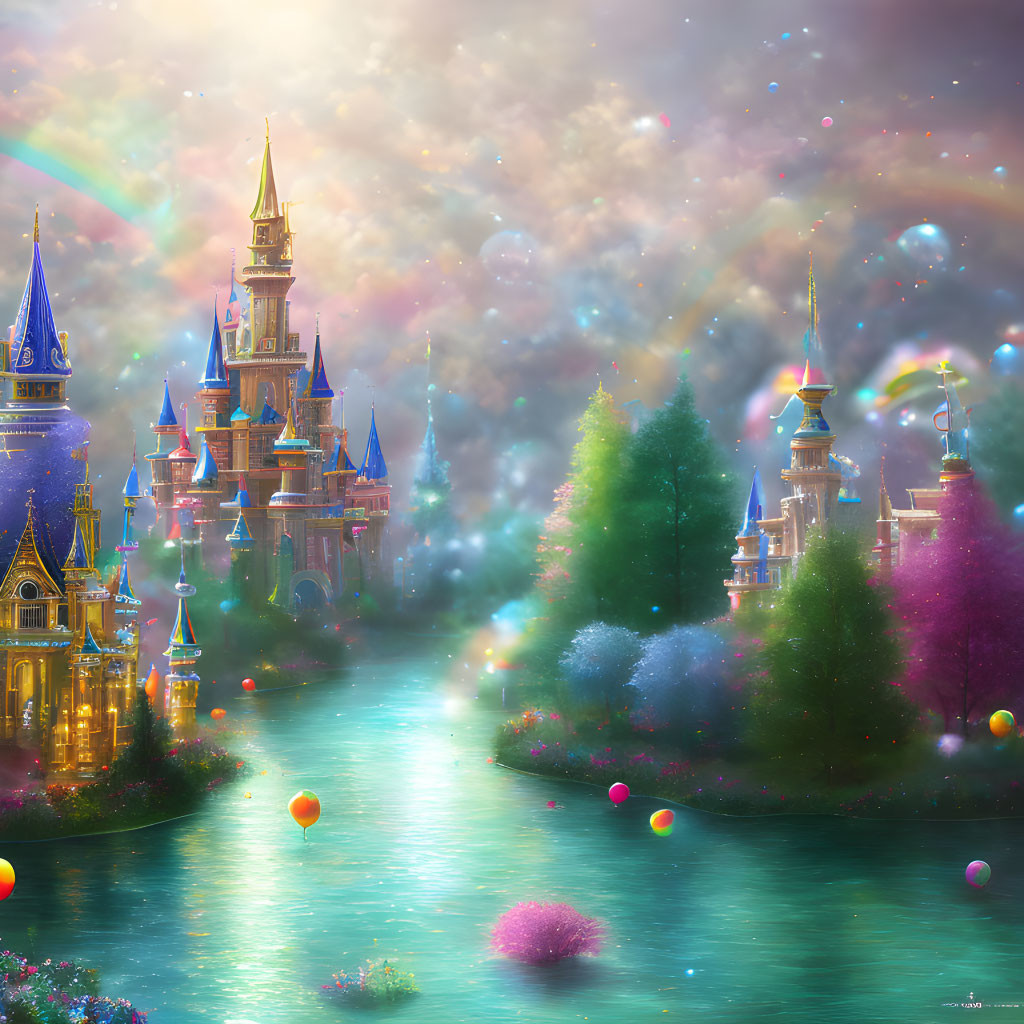 Fairytale castle artwork with spires, lush greenery, river, balloons, and rainbow sky