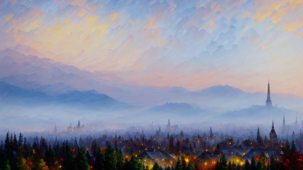 Tranquil valley painting at dusk with village lights, forest, mountains, and cloudy sky