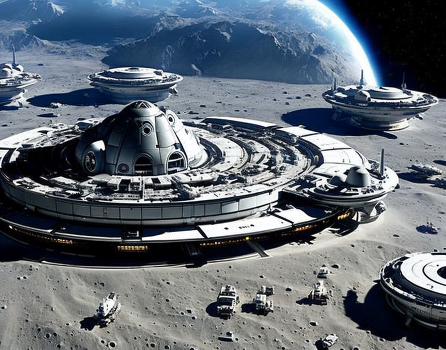 Futuristic lunar base with dome structures and spacecraft on moon's surface