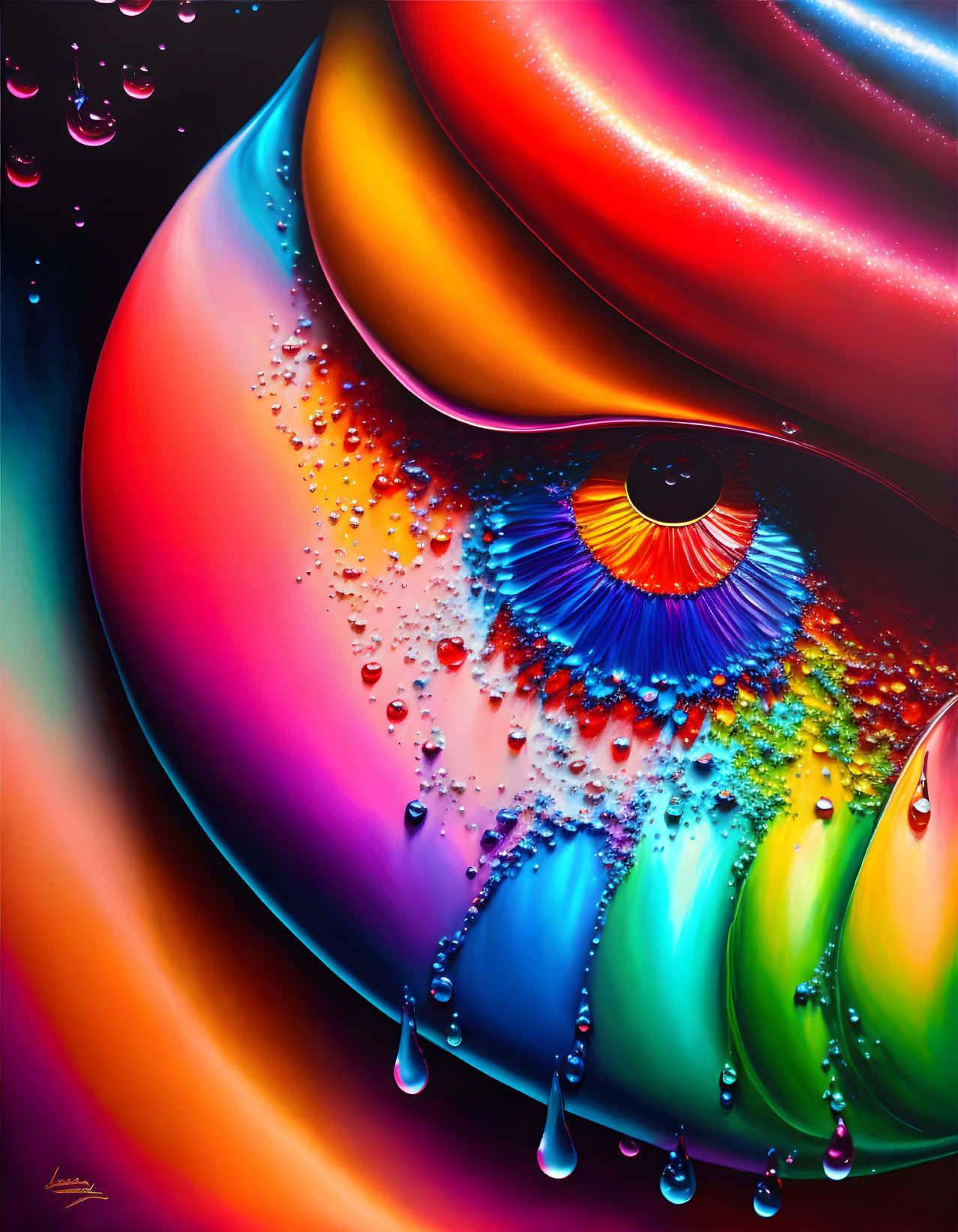 Colorful Abstract Painting with Eye-Like Pattern on Dark Background