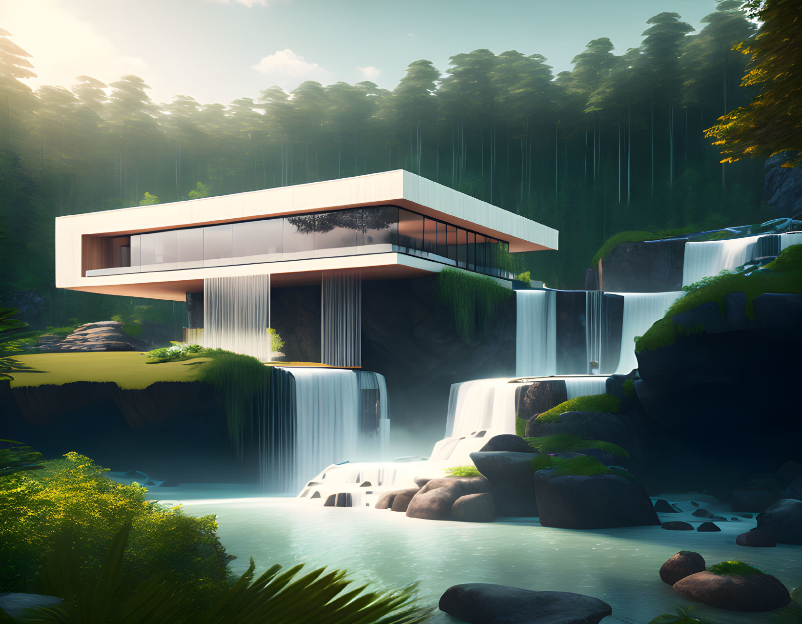 Contemporary house overlooking forest waterfall in sunlight