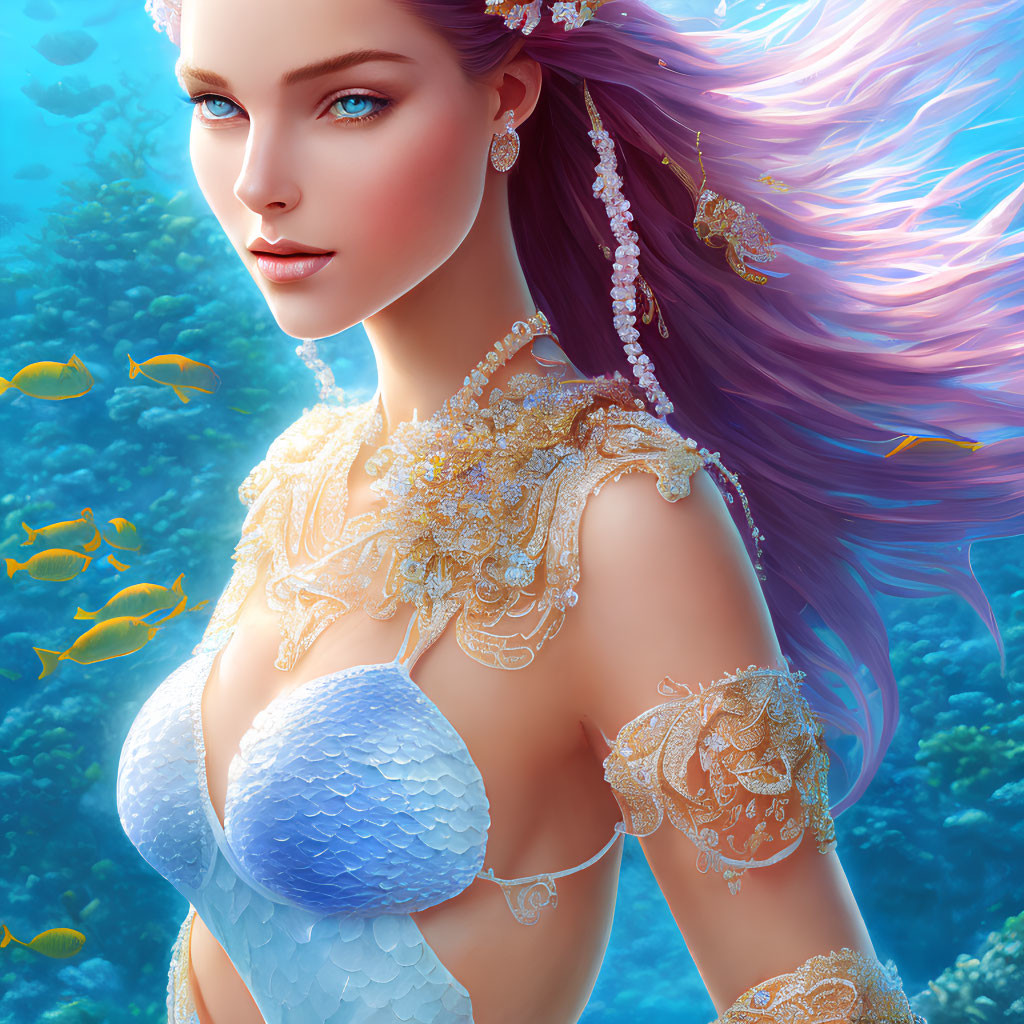 Mermaid digital art with purple hair, blue eyes, ornate jewelry, underwater scene