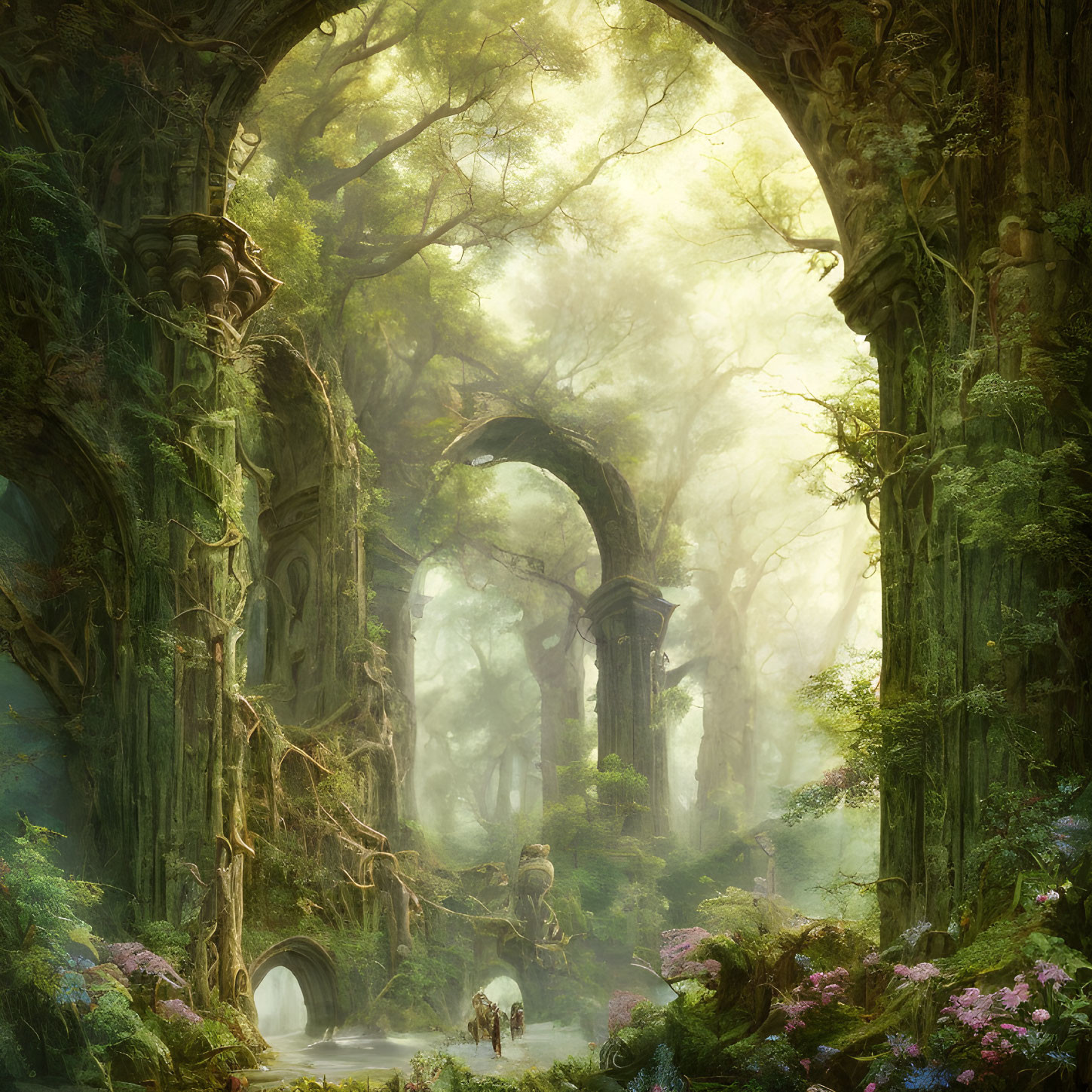 Ethereal forest scene with ancient ruins, vines, moss, soft light, figure, horse,