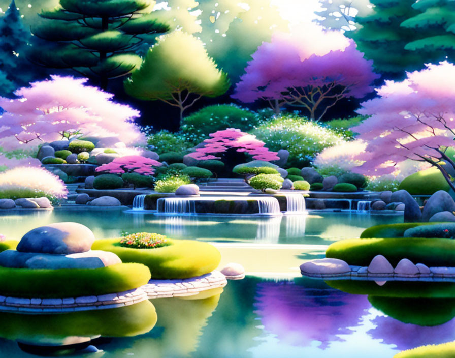 Tranquil animated garden with waterfall and pink trees