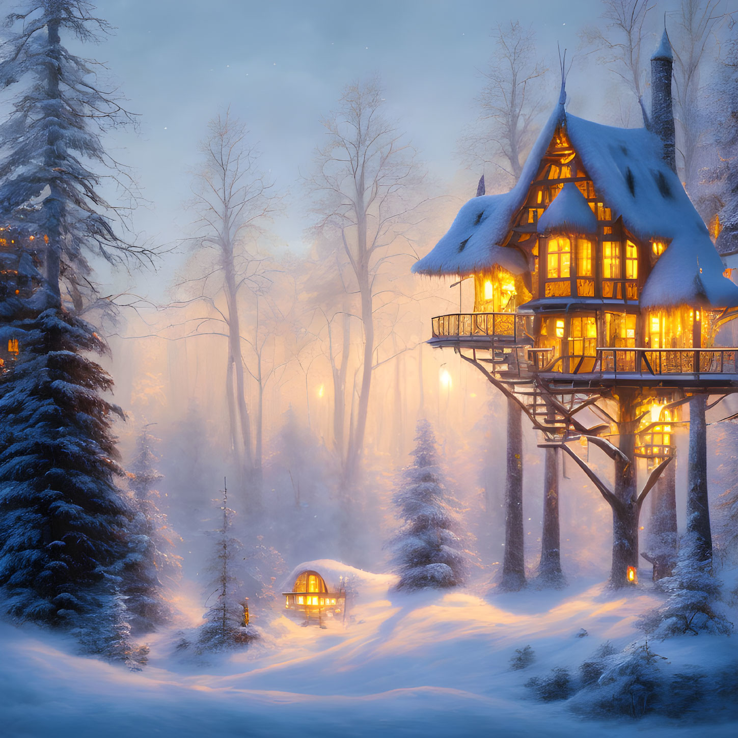 Snow-covered forest treehouse with warm glowing lights at dusk