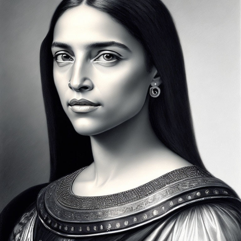 Grayscale digital portrait of woman with long straight hair and traditional attire