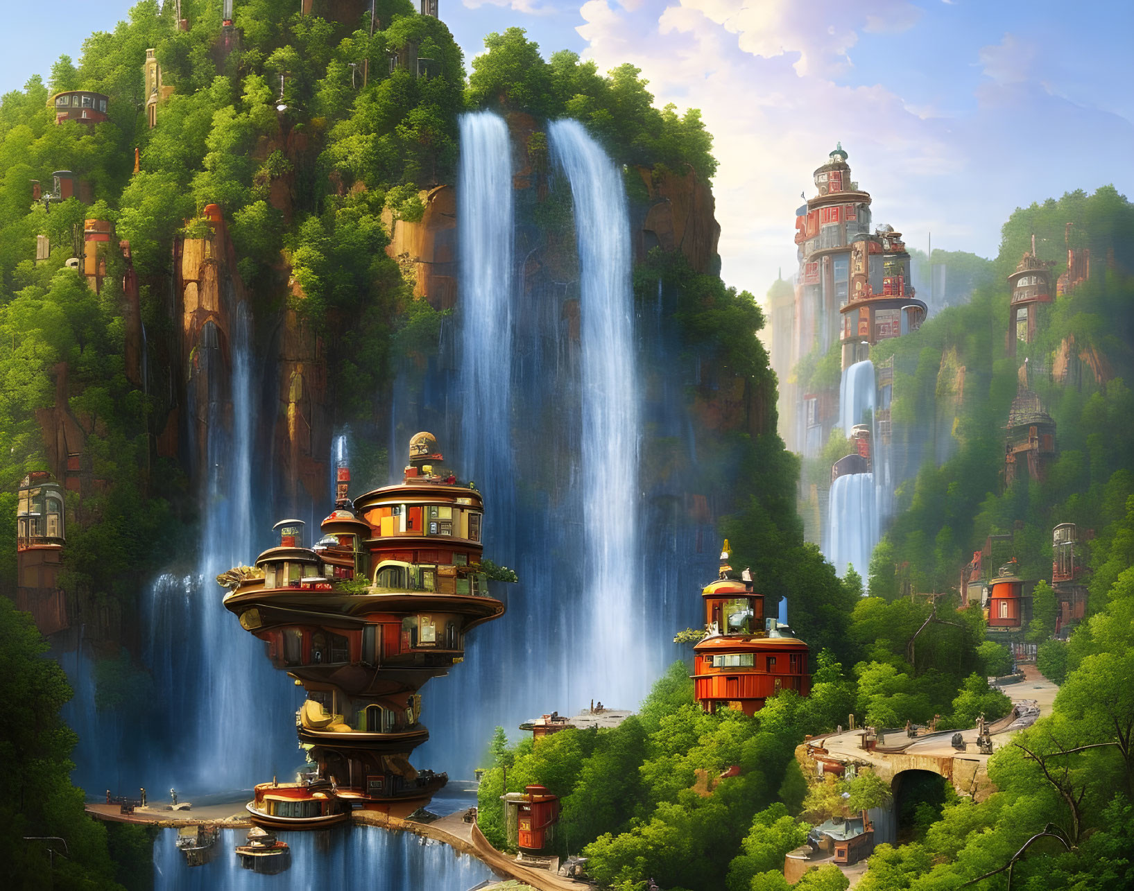 Majestic towers and waterfalls in lush cliff landscape