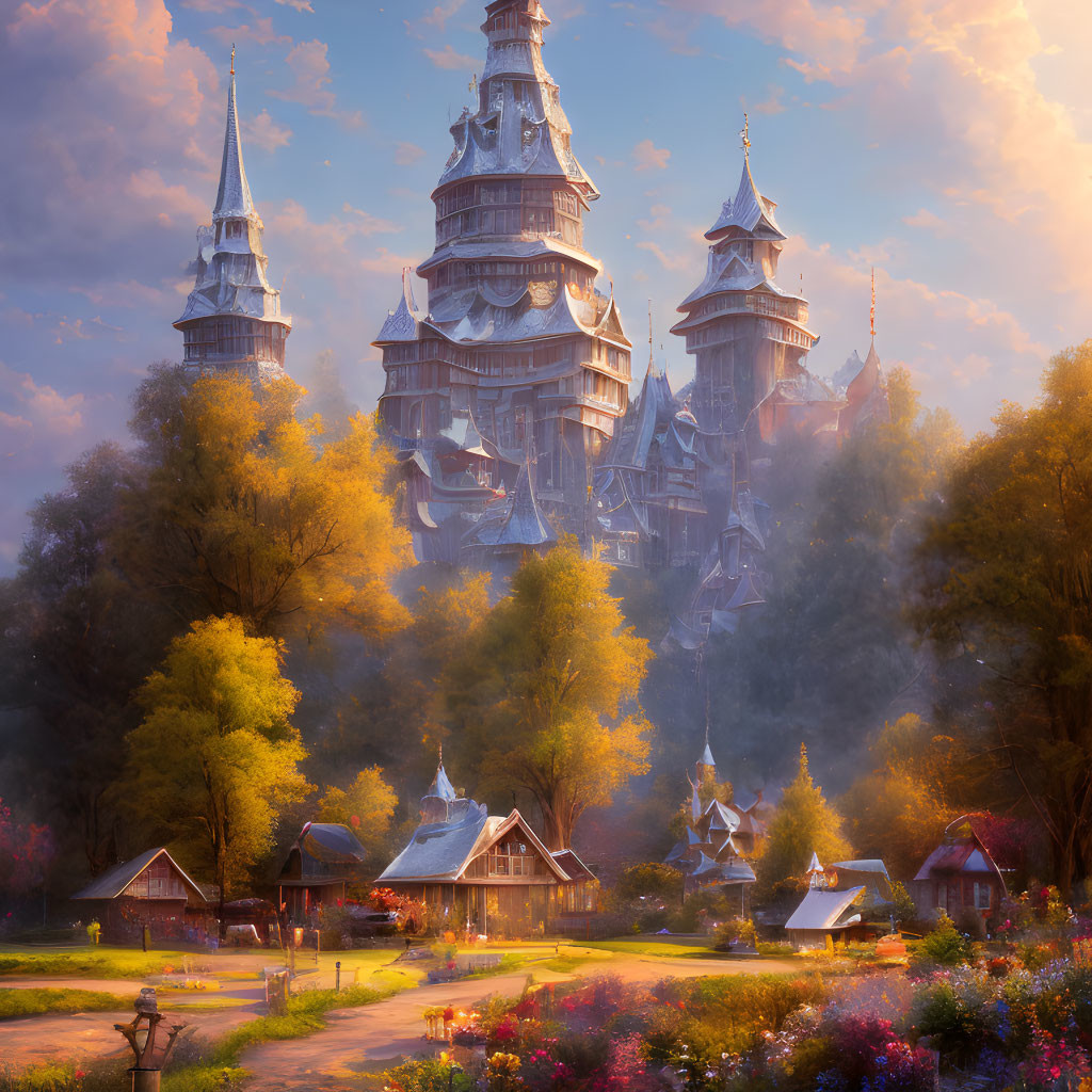 Whimsical fantasy castle with towering spires in serene village