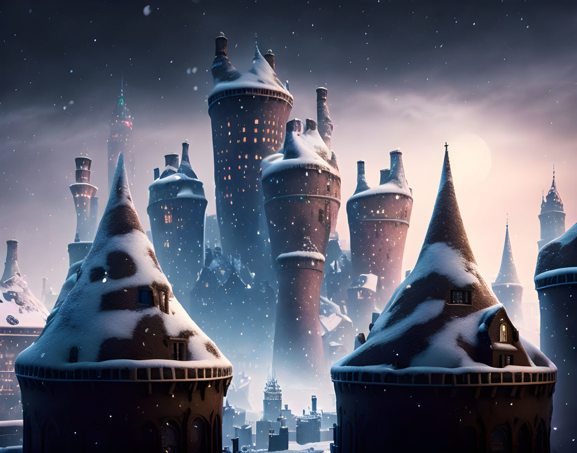 Snow-covered fairytale castles under starry sky in whimsical winter night.