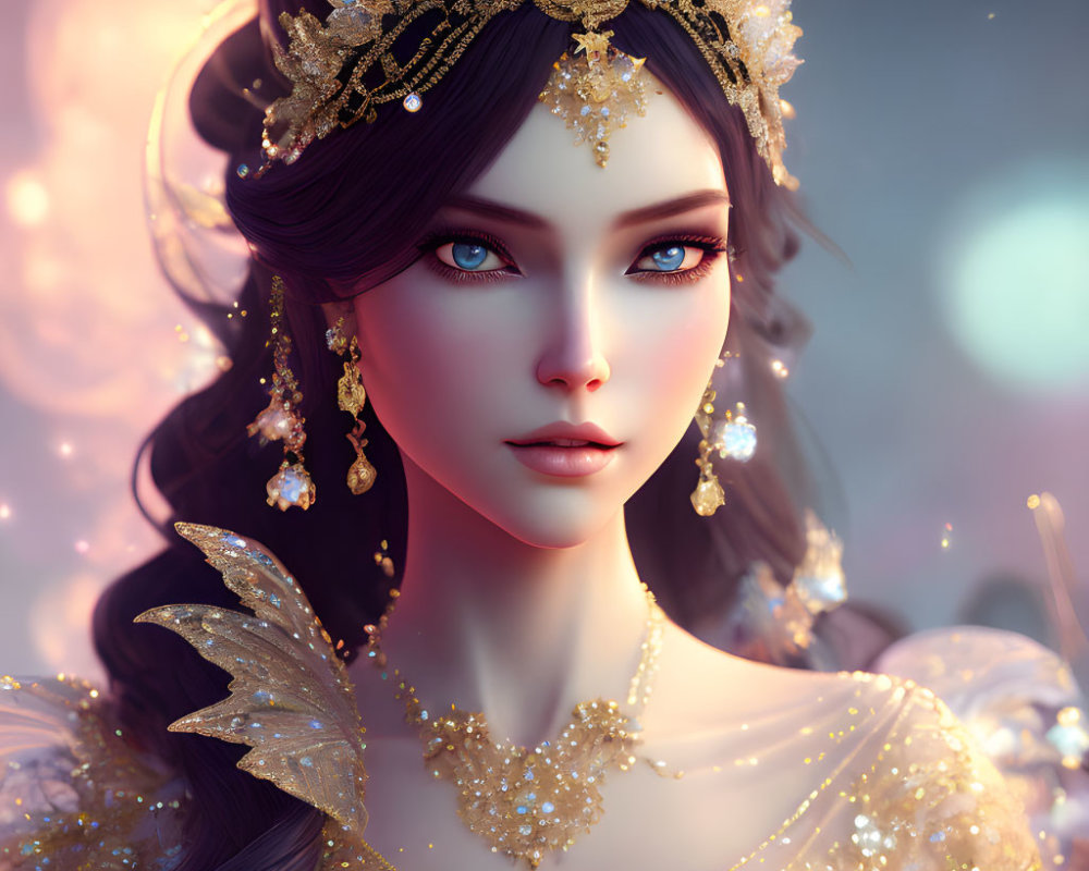 Fantasy character with deep blue eyes in golden attire