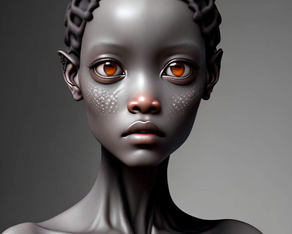 Digital artwork: Humanoid figure with braided hair and orange eyes on grey background