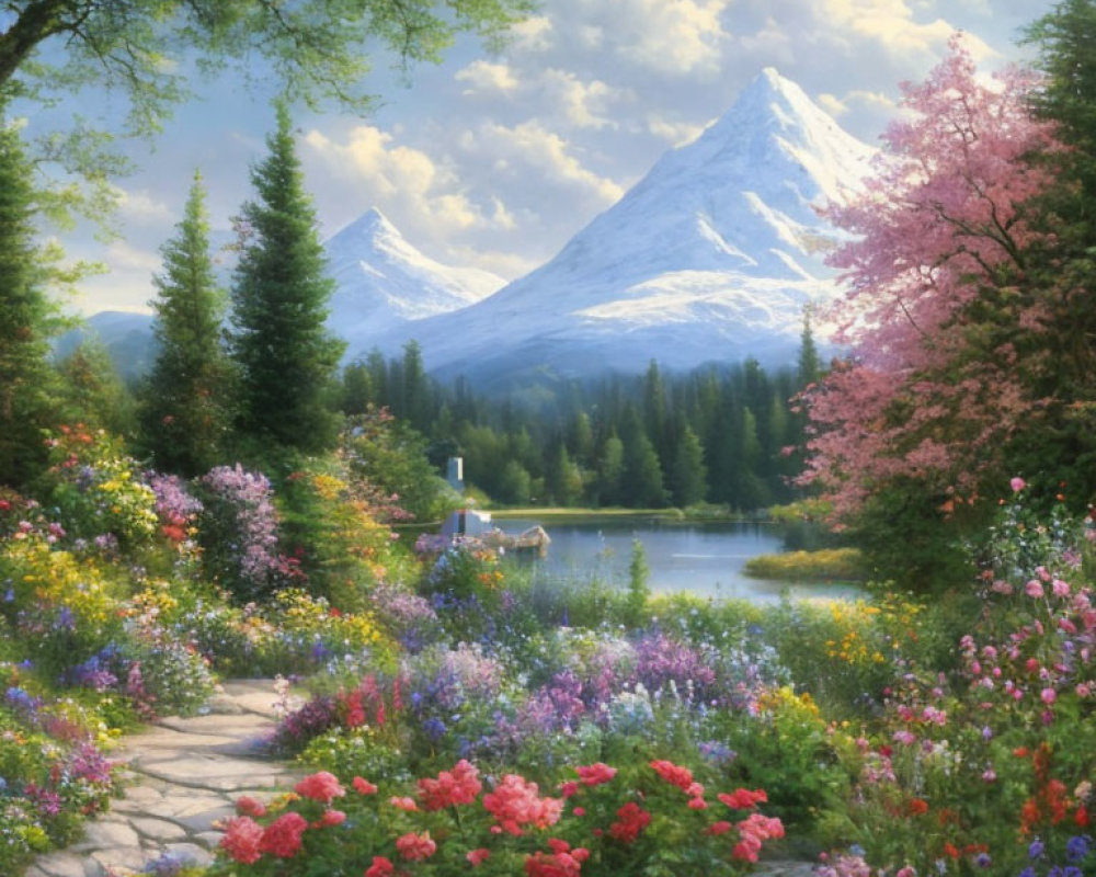 Scenic landscape with flower-lined path, lake, dock, boat, and snow-capped mountains.