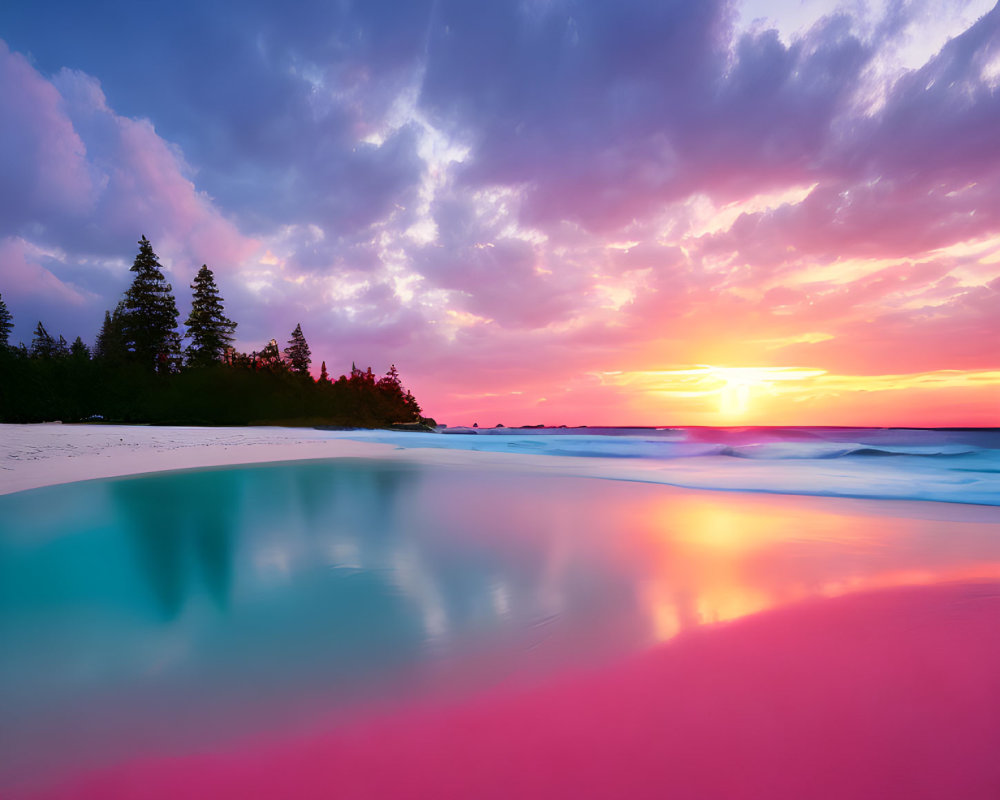 Scenic Beach Sunset with Pink and Blue Hues Reflecting in Water