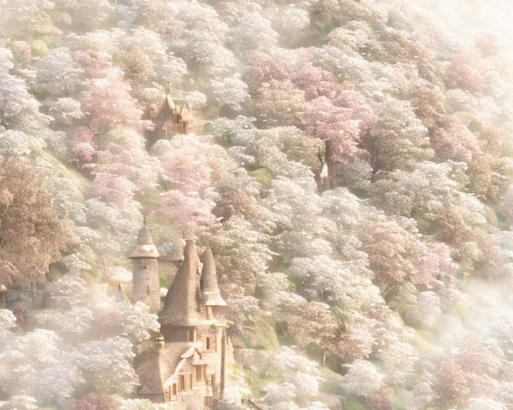 Ethereal cherry blossoms in fairytale landscape with ancient towers & quaint houses