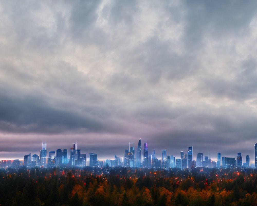 City skyline at dusk with autumn trees and dramatic cloudy sky