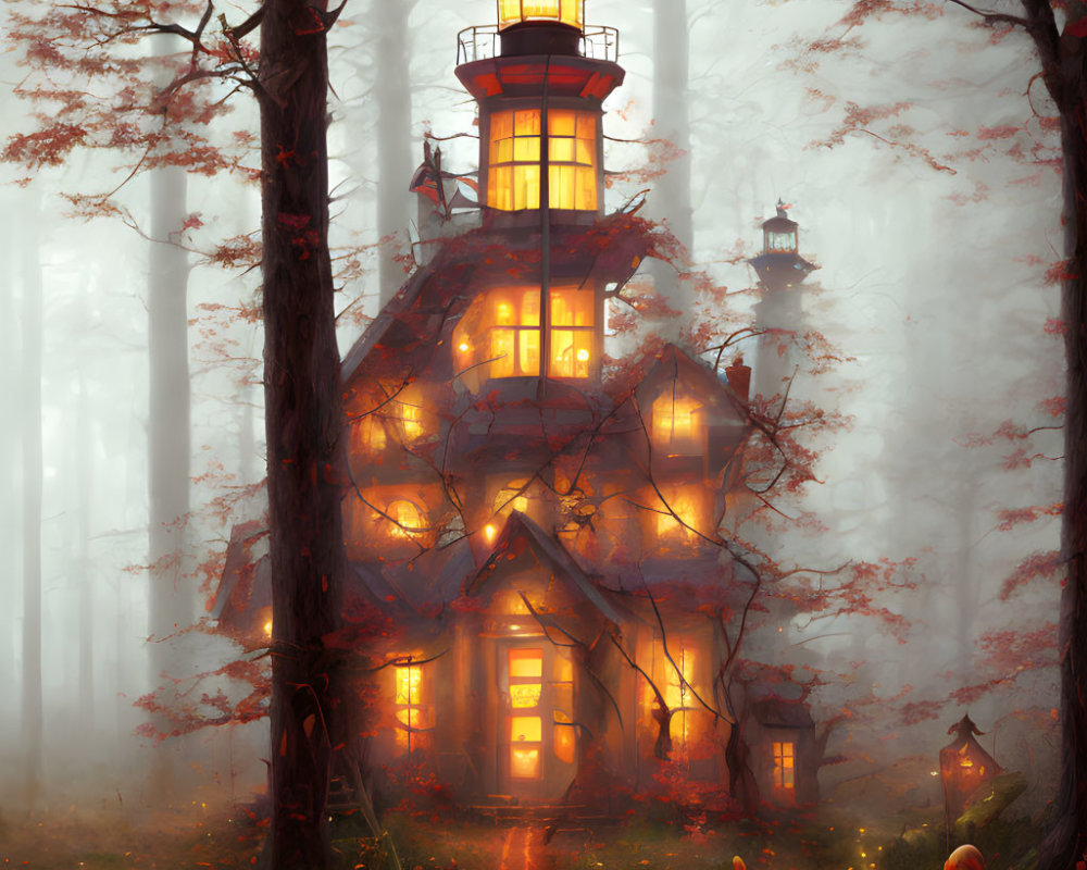 Fantasy illustration of tall lighthouse in foggy forest