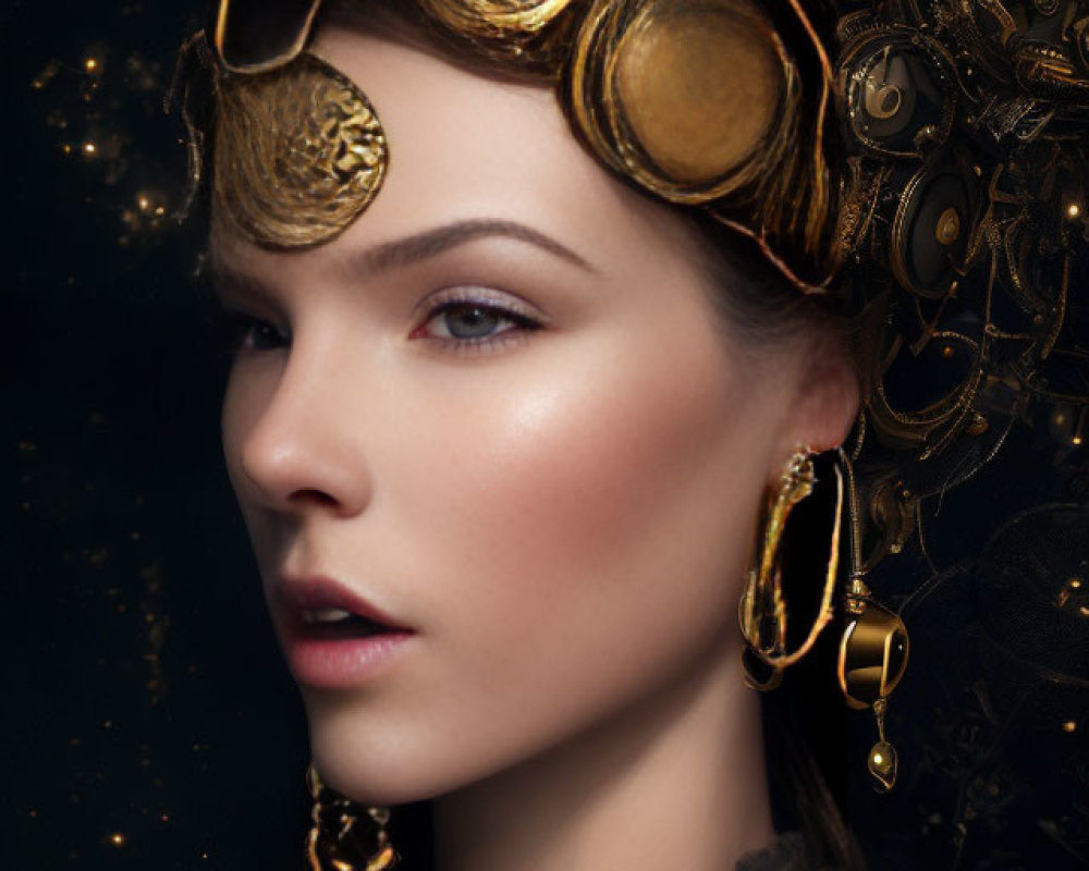 Fair-skinned woman in steampunk headpiece with gold gears