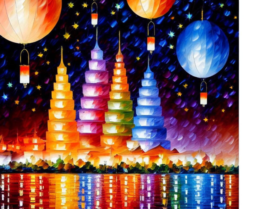 Vibrant Pagodas and Lanterns Painting in Bright Impressionistic Style