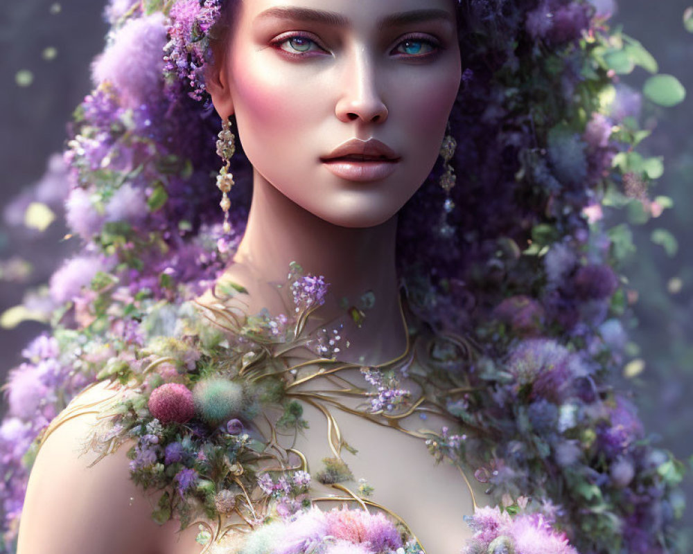 Digital portrait of woman with purple and green floral elements