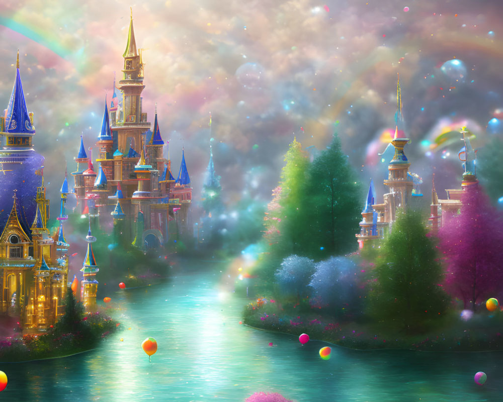 Fairytale castle artwork with spires, lush greenery, river, balloons, and rainbow sky