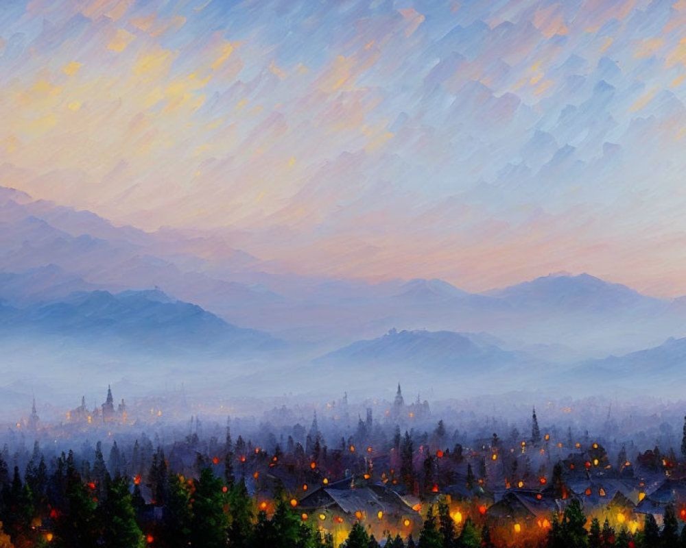 Tranquil valley painting at dusk with village lights, forest, mountains, and cloudy sky