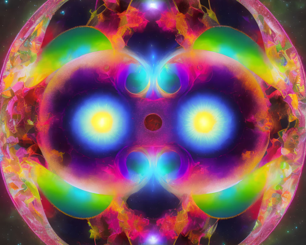 Symmetrical Digital Artwork with Glowing Orbs and Fractal Patterns