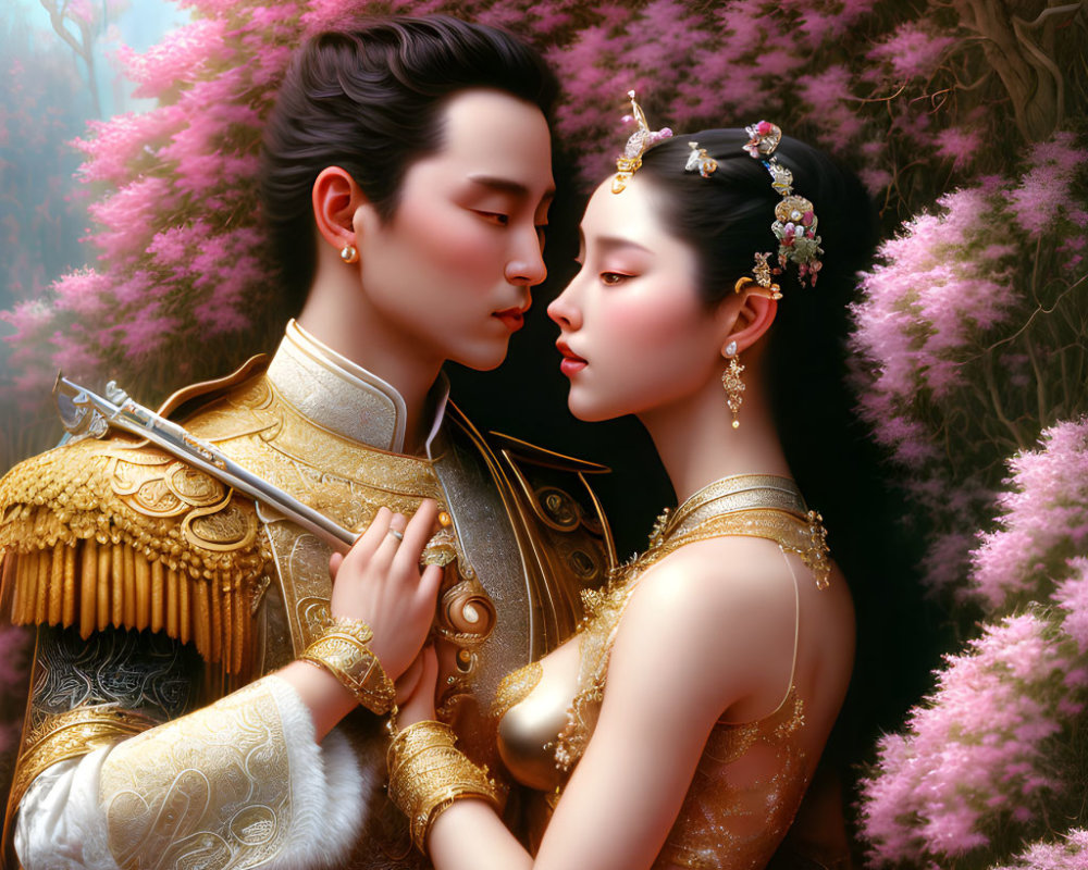 Romantic digital artwork: Couple in traditional Asian attire amid pink blossoms