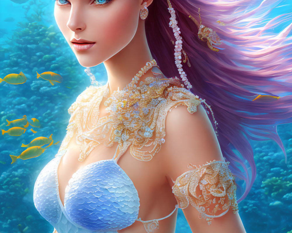 Mermaid digital art with purple hair, blue eyes, ornate jewelry, underwater scene