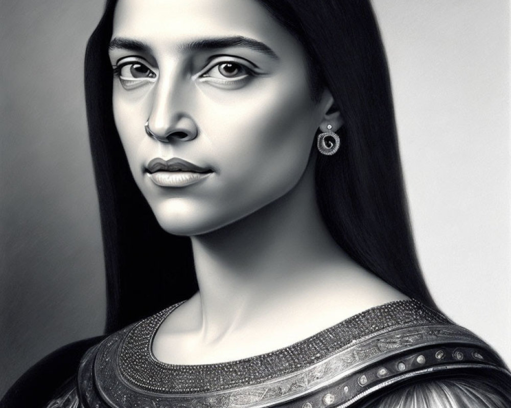 Grayscale digital portrait of woman with long straight hair and traditional attire