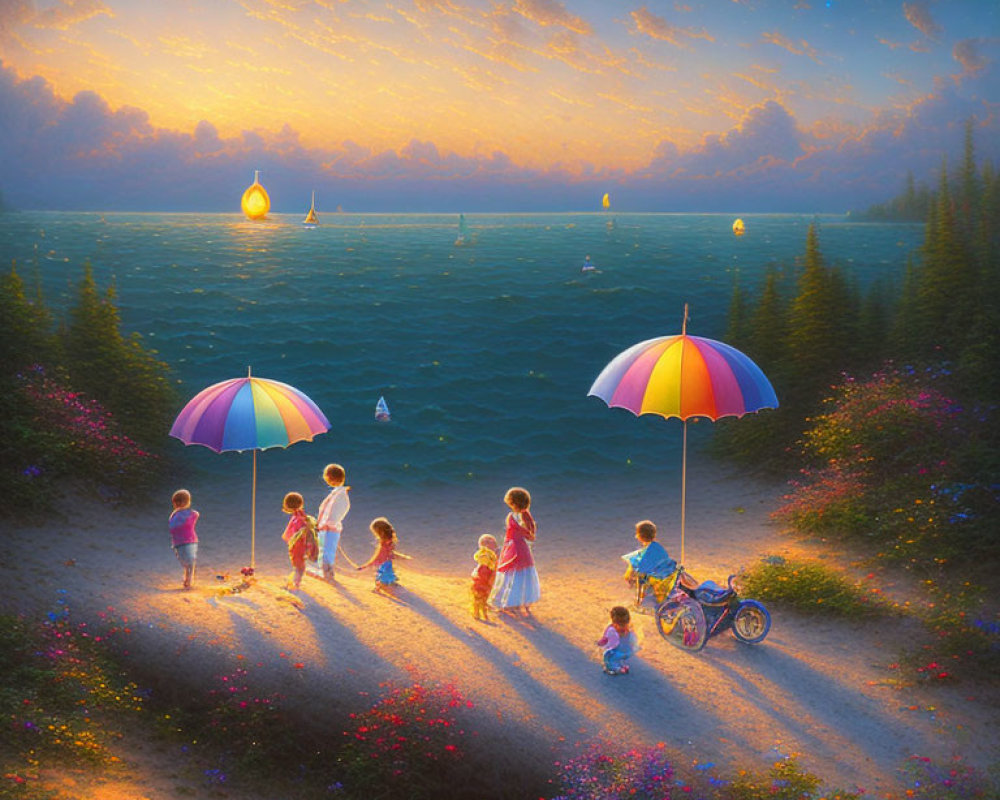 Colorful umbrellas on seaside path at sunset with sailing boats and lanterns in distance