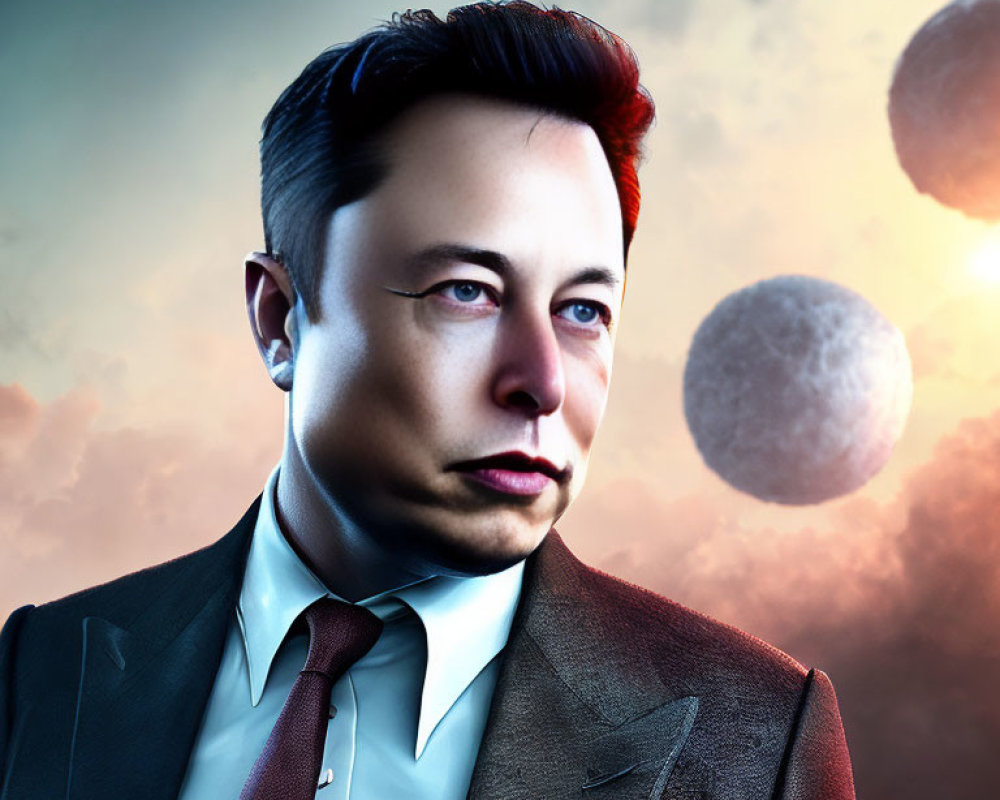 Stylized portrait of a man in suit against cosmic backdrop