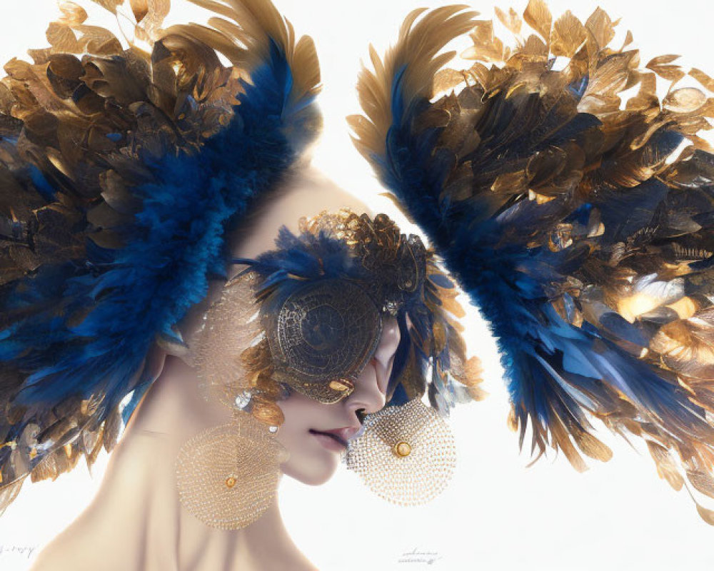 Woman with Ornate Gold and Blue Mask Surrounded by Feathers