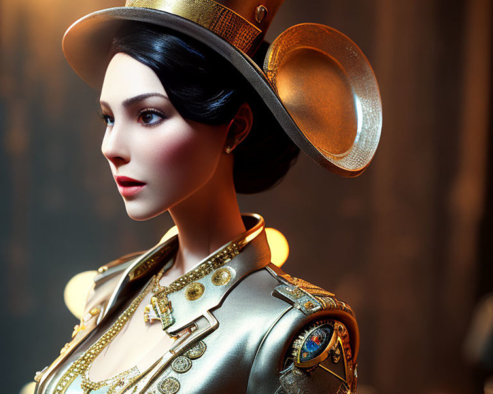 Dark-haired woman in steampunk outfit with gold accents and top hat