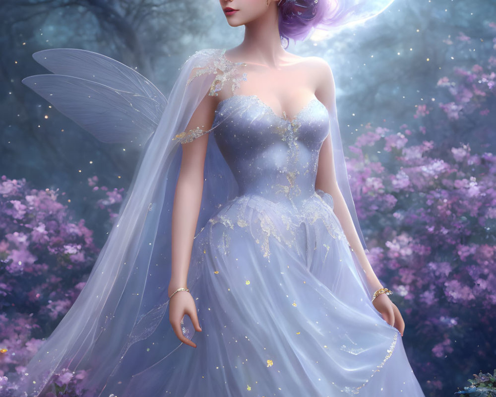 Fantasy illustration: fairy with translucent wings in mystical pink-flowered forest